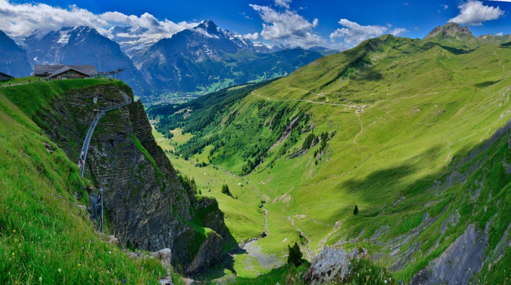 Panoramic view of Swiss mountains with a suspension bridge over a valley, surrounded by lush green meadows and towering peaks under a clear blue sky.